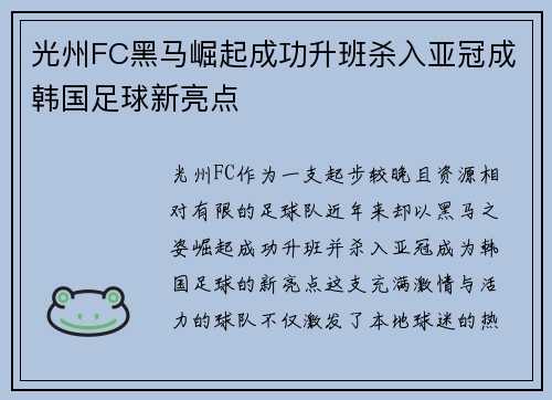 光州FC黑马崛起成功升班杀入亚冠成韩国足球新亮点